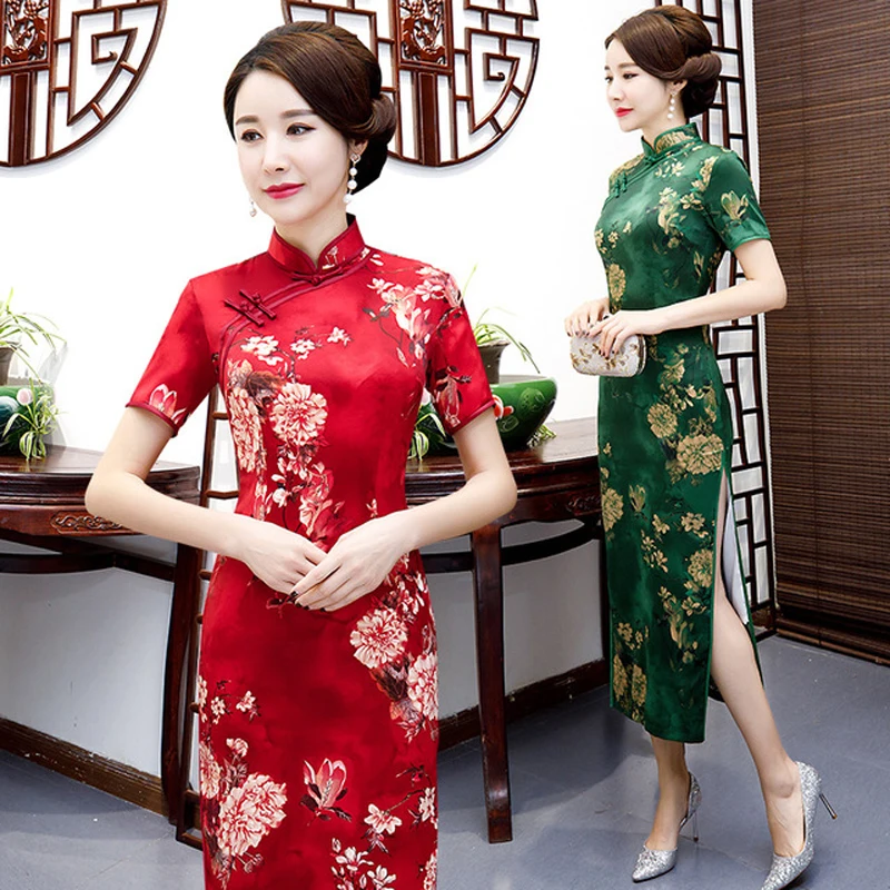 Женское атласное длинное вечернее Ципао Qipao винтажное платье с цветочным принтом