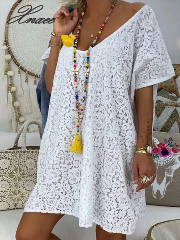 

2020 Summer Women Dress Short Sleeve V-Neck Womens Loose Beach Lace Dres