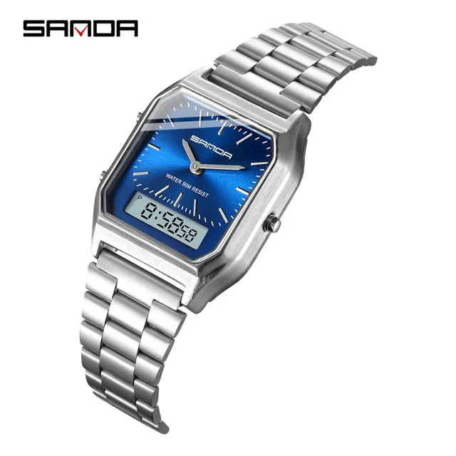Silver blue SANDA Military Sports Watches Waterproof Mens Watches Top Brand Luxury Clock Electronic LED Digital Watch Men Relogio Masculino - Цвет: Silver blue