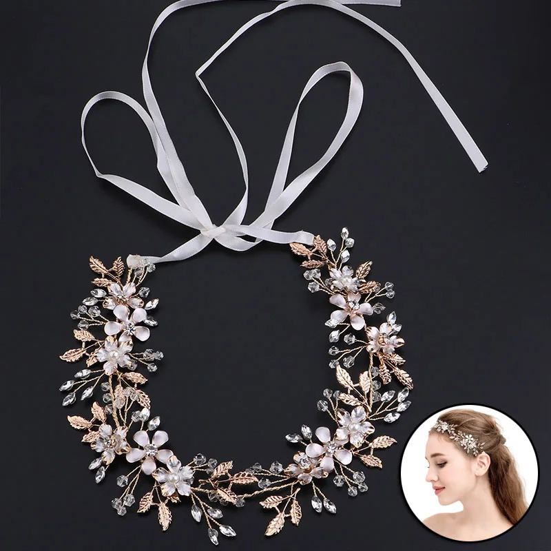 Romantic Gold Leaf Flower Crystal Ribbon Headband Tiaras de NoivaHeadpiece Head Piece Hair Jewelry Women Wedding Accessories VL