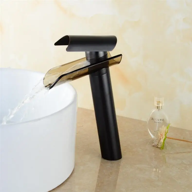 Смеситель для ванной комнаты черный бронзовый со стеклянным носиком |