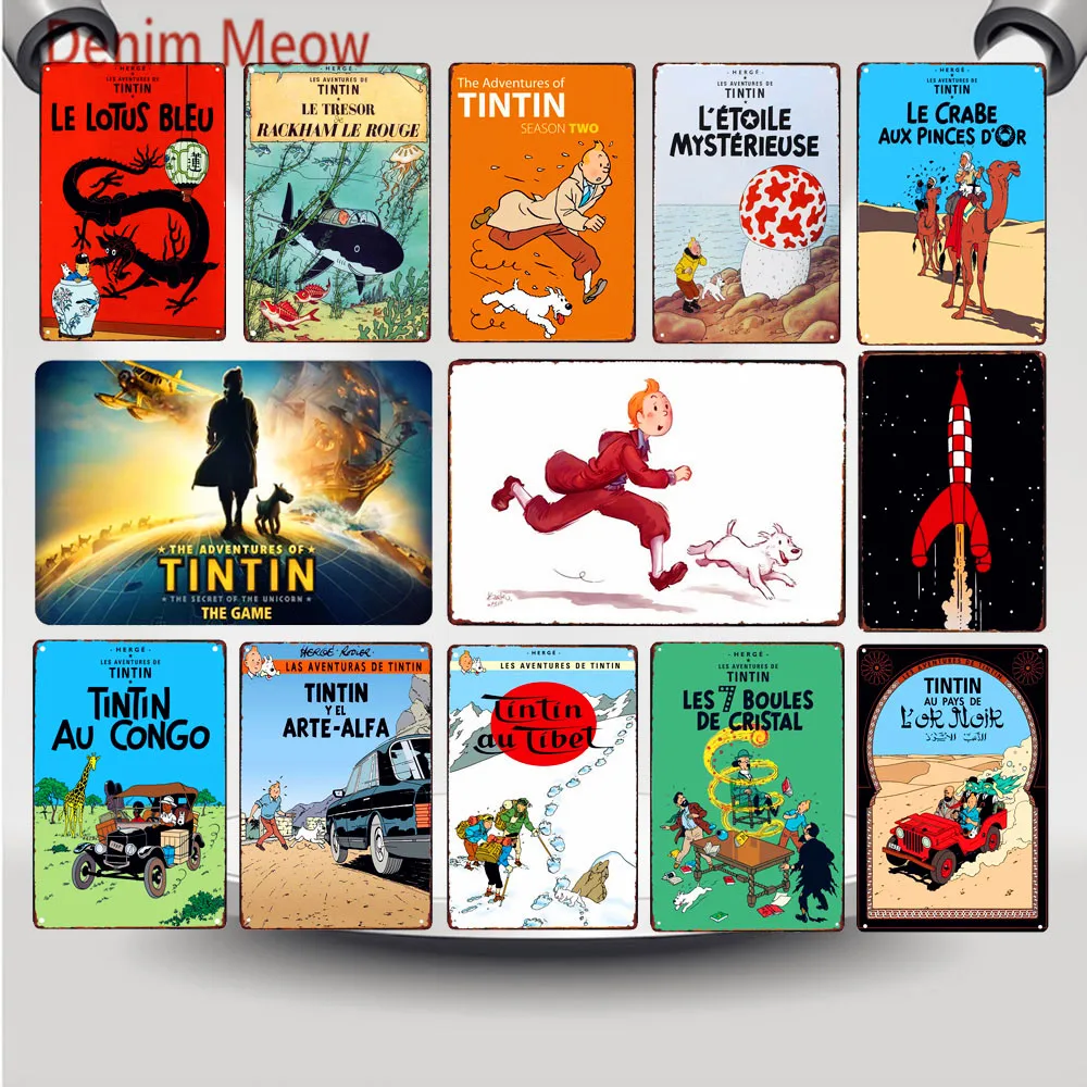 Tintin Catoon Movie Tin Sign Metal Plate Vintage Wall Art Poster Iron Painting Bar Coffee Kids Room Wall Craft Home Decor WY66