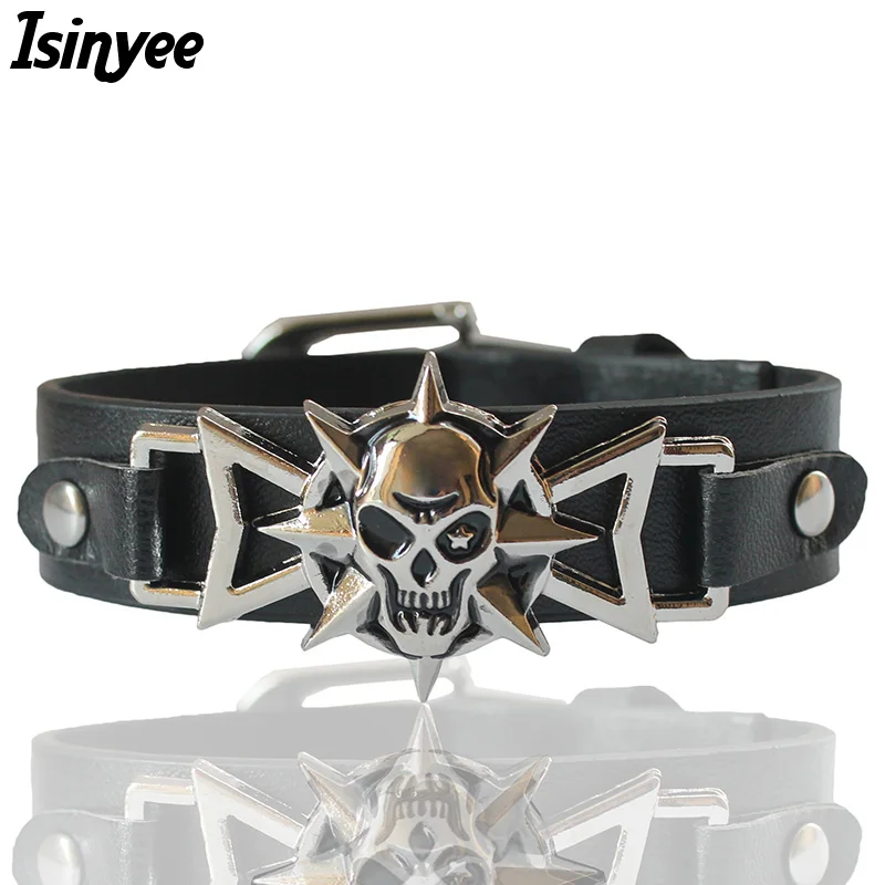 ISINYEE 2017 черепа панк браслет с шипами кожаные браслеты для мужчин и женщин в