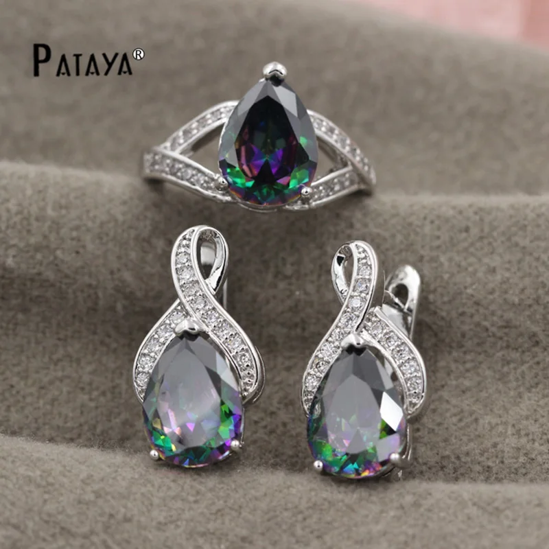 Набор ювелирных изделий PATAYA в форме капли воды Радужный натуральный циркон