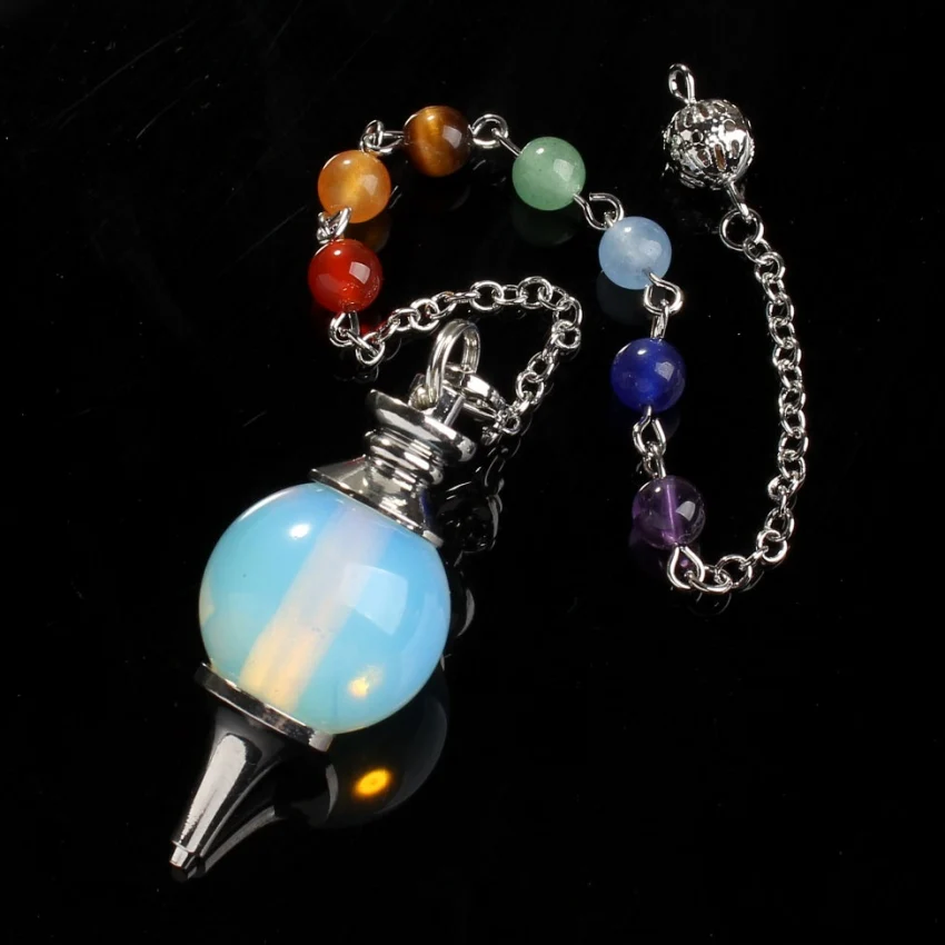 

Trendy-beads Silver Plated Opalite Opal 7 Round Stone Chakra Chain Dowsing Pendulum Pendant Popular Jewelry