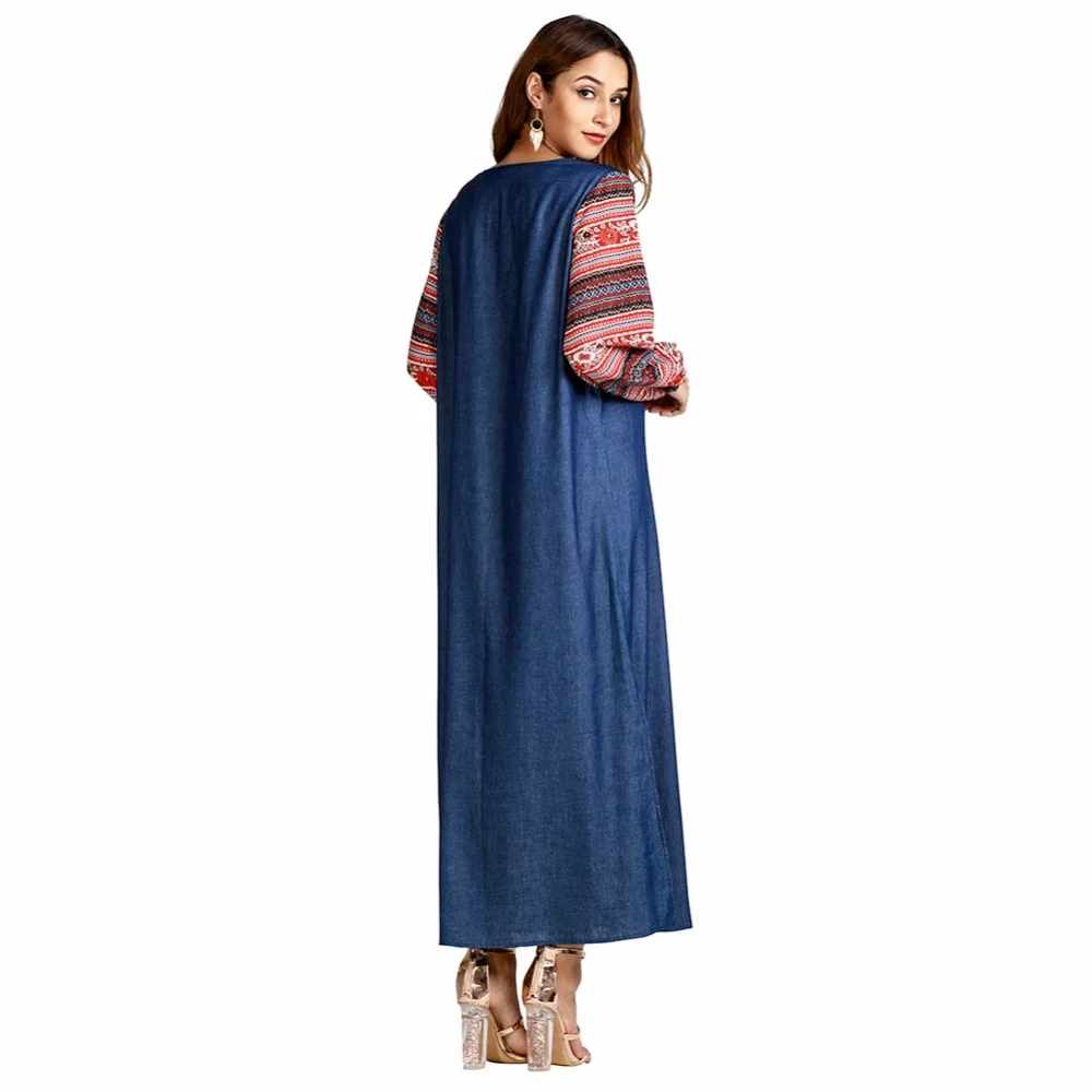 Женское джинсовое длинное платье с вышивкой Abaya синее мусульманское рукавами в