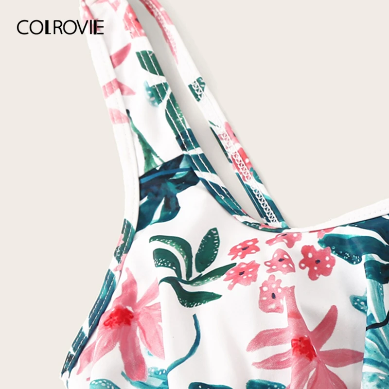 COLROVIE лист носовой платок с принтом Ruched Топ с высокой талией Boho цельный купальник женский бикини Летний Пляжный купальный костюм