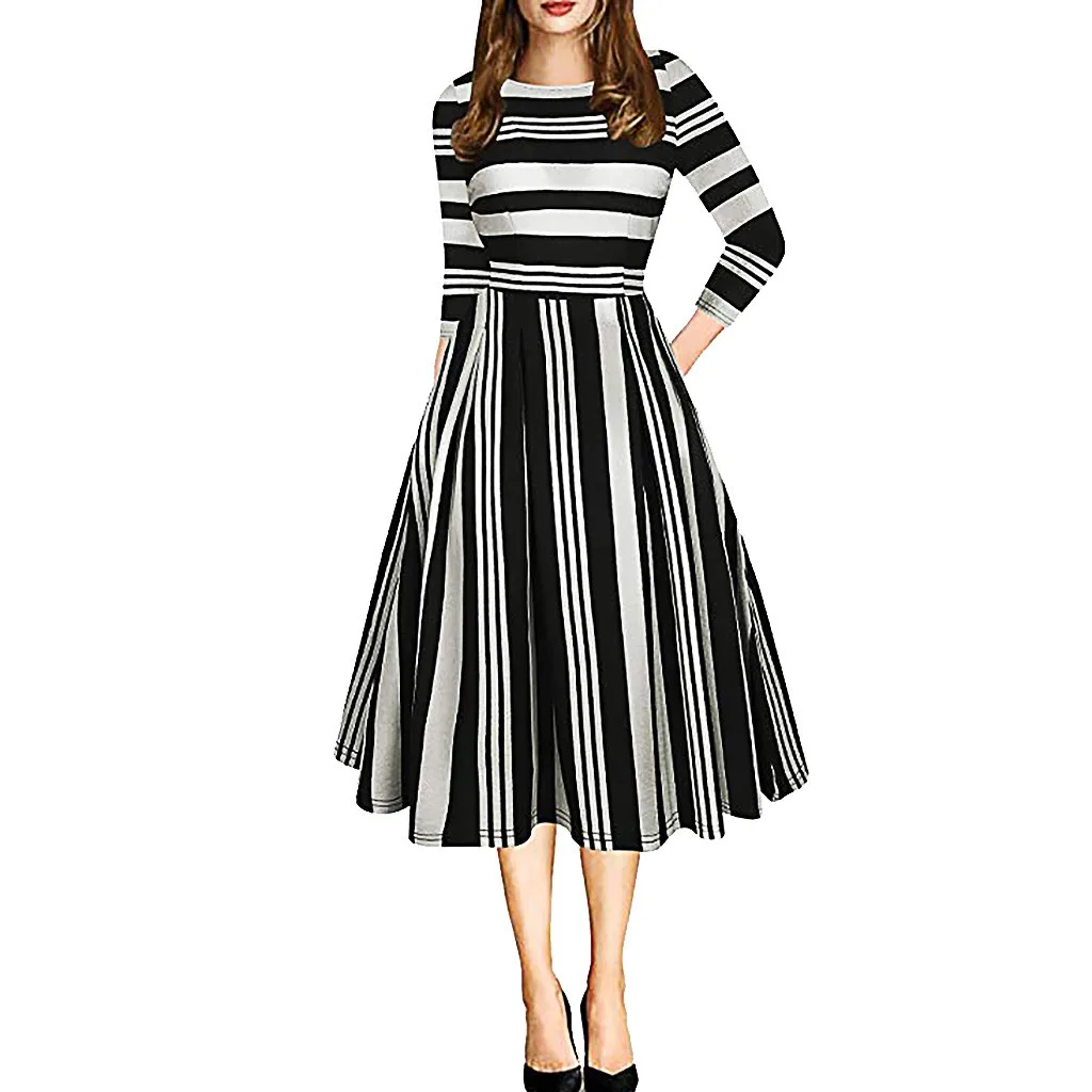 

Women Casual Floral Print Vintage Dress Elegant Sexy Party Dresses 3/4 Sleeve Autumn Winter Hepburn Robe Retro Swing Vestidos