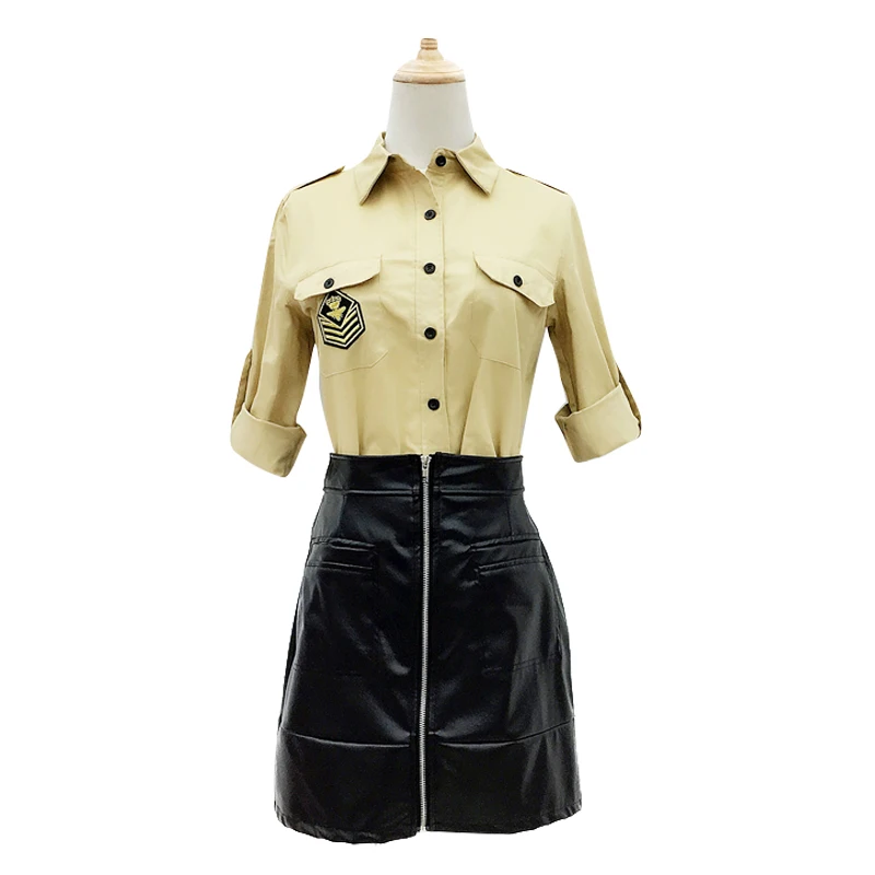 2017 Hot Sale Cotton Polyester Tracksuits Autumn New Women's Polo Shirt Embroidered Jacket Leather Skirt Suit Female Fashion | Женская