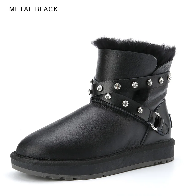 Metal Black INOE Водонепроницаемые Короткие Зимние ботильоны из овечьей кожи с меховой подкладкой женские зимние ботинки серебристый ремешок с кристаллами теплые модные удобные зимние полусапоги нескользащая плоская подошва - Цвет: Metal Black