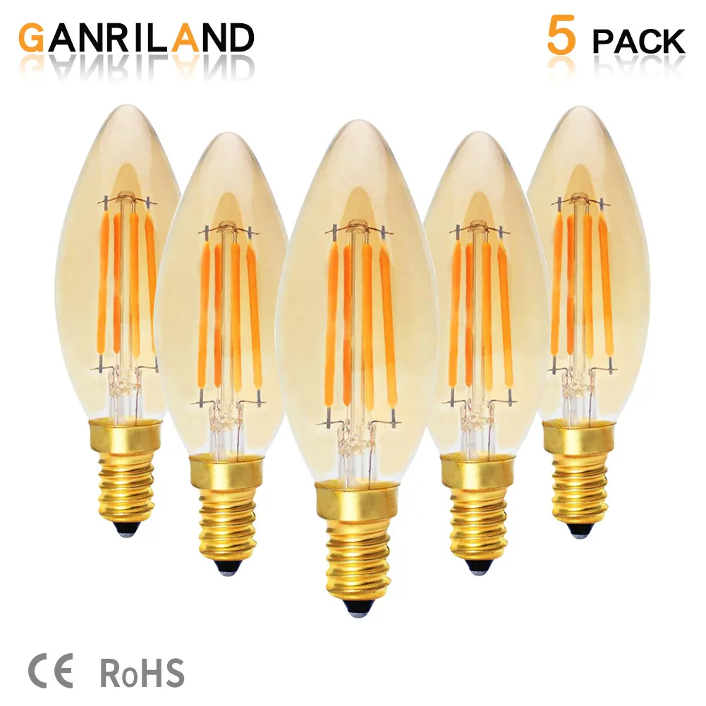 5PCS C35 4W E14 220V Светодиодный светильник-свеча, лампа из янтарного стекла, Ретро винтажный светодиодный светильник, желтый 2200K 35 W, эквивалент накаливания - Испускаемый цвет: 5PCS
