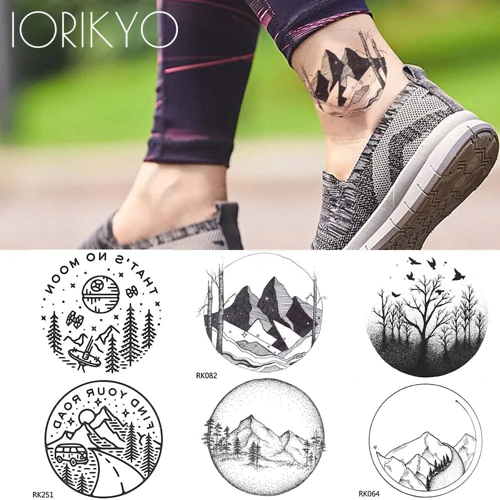 

IORIKYO Cute Mountain Hill Temporary Tattoo Stickers Men Body Art Fake Tatoos Black Women Arm Round Geometry Waterproof Tattoos