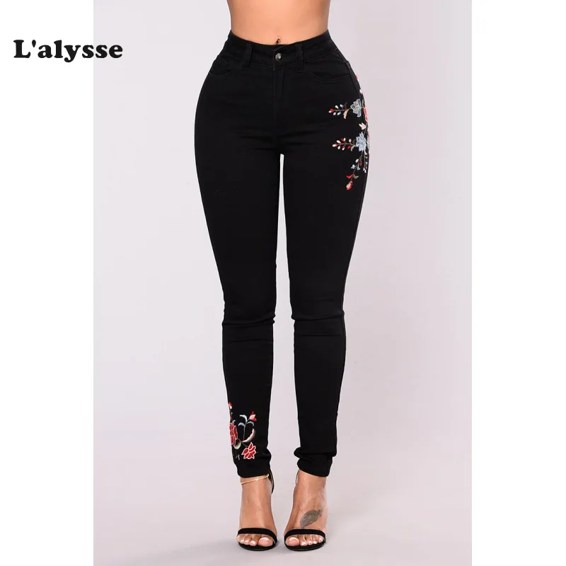 Женские джинсы с цветочным принтом LALYSSE узкие рваными розами джинсовые брюки