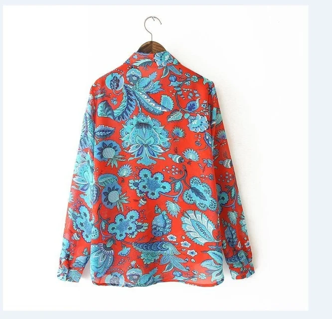 Women red floral print blouses vintage turn down collar long sleeve office work shirts casual loose tops LT231 |
