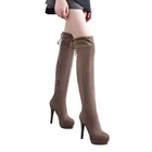 Лидер продаж 2020, сексуальные сапоги стрейч на очень высоком каблуке, зимние сапоги выше колена на платформе, эластичные женские туфли на молнии, женские сапоги из флока