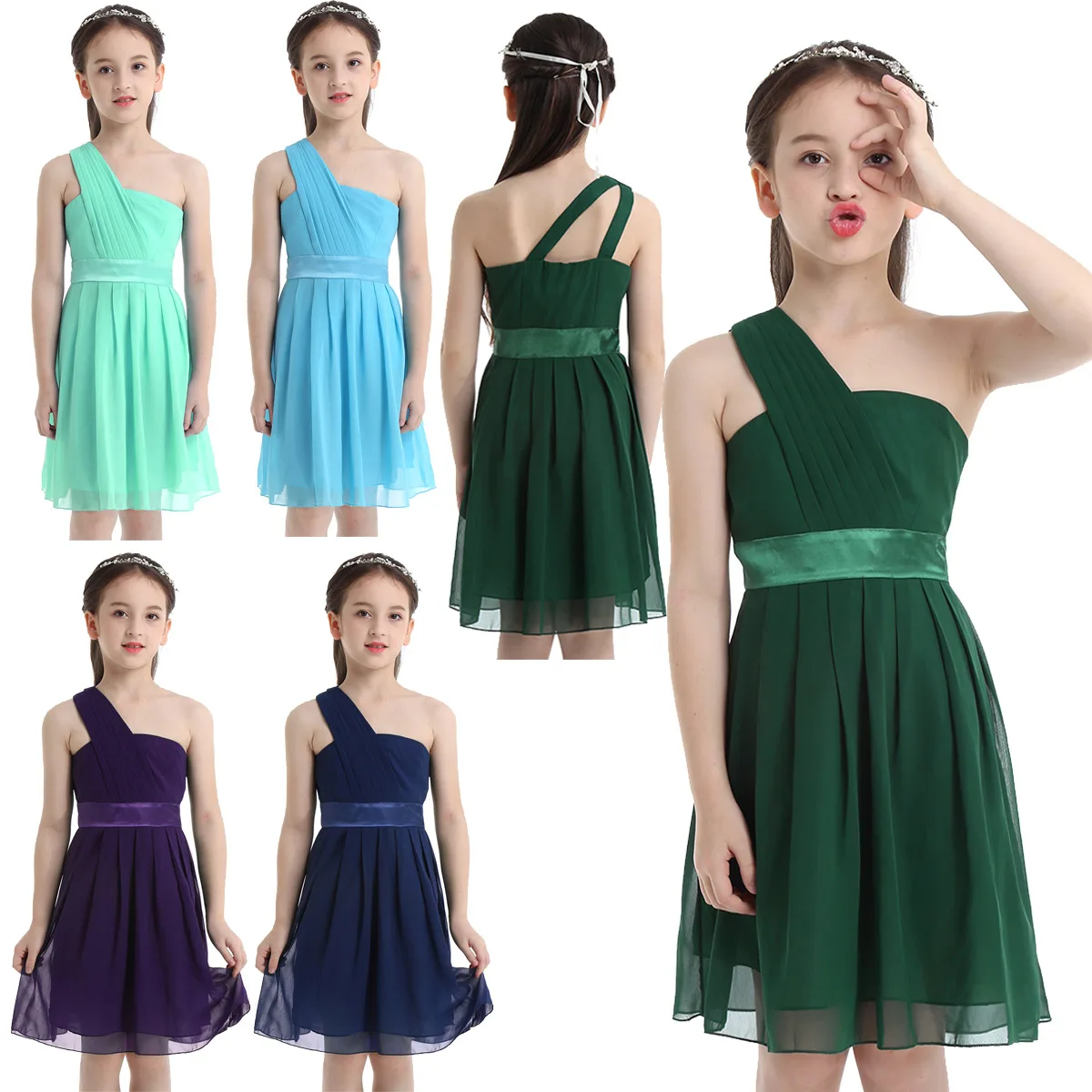 Kids Girls Pleated Chiffon One-shoulder Flower Girl Dress Princess Pageant Wedding Cutout Back Birthday Party SZ 4-14 | Детская одежда