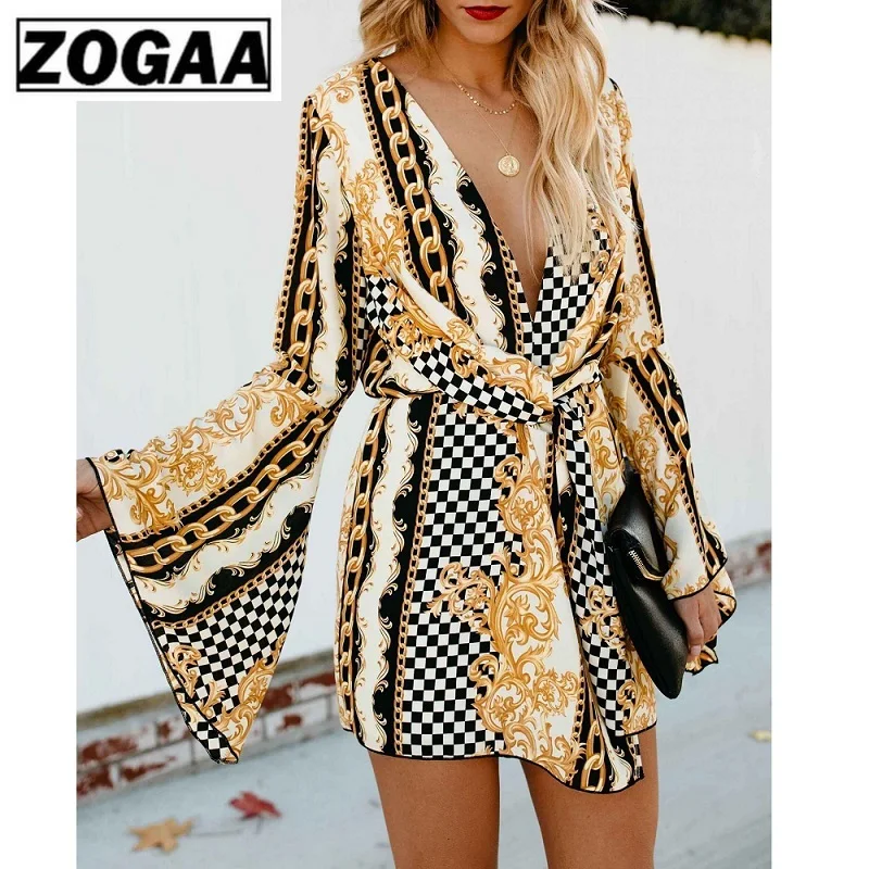 ZOGAA женское летнее сексуальное мини-платье с цветочным принтом и цепочками