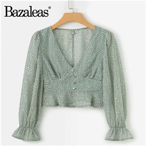 N150 green Bazaleas Винтаж зеленый Леопардовый принт Blusa Feminina шикарные пуговицы blusas оборки женская укороченная блузка Прямая - Цвет: N150 green
