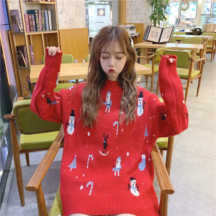 Tree&ampSea Sweet women Christmas sweater Women oversize winter red santa Knitted Sweater snowman Long Sleeve sweet Jumper Top | Женская