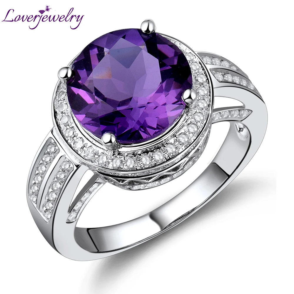 

LOVERJEWELRY женское Винтажное кольцо круглое 10 мм Аметист натуральный бриллиант 14 к белое золото Помолвочное кольцо с аметистом кольцо для жены ювелирные изделия