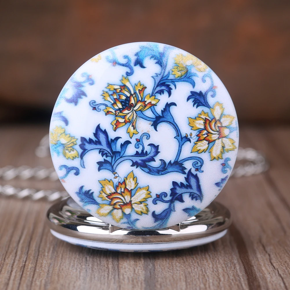 Hot Sale Blue and White Porcelain Flower Pocket Watches Roman Number Steampunk Mechanical Pocket Watches Men Women Fob Chain