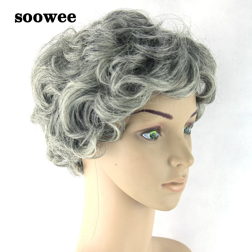 Парик Soowee из серых волос черные и белые синтетические волосы Короткие вьющиеся