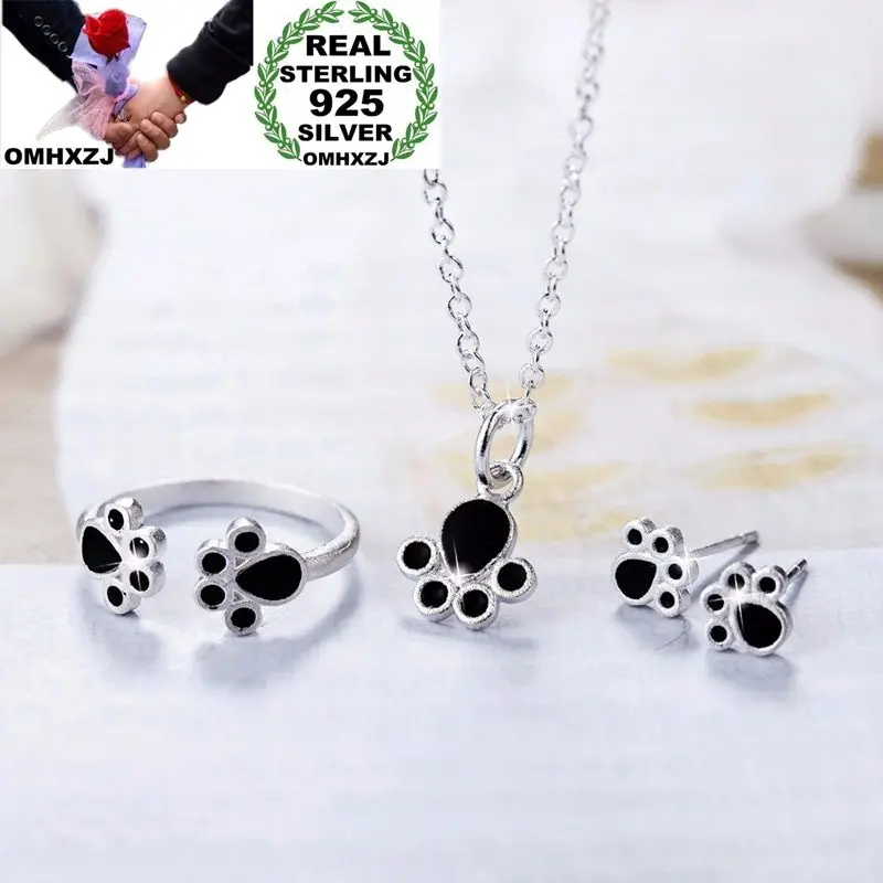

OMHXZJ Wholesale Personality Fashion OL Woman Black Cat Claw 925 Sterling Silver Stud Earrings+Ring+Necklace Jewelry Set SE17