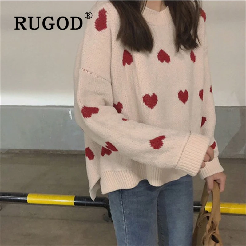 RUGOD Korean chic heart printed women sweater Fashion round neck long sleeve pullovers female Elegant Auturn winter streetwear | Женская