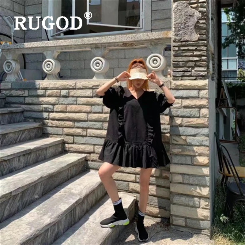 RUGOD корейское модное женское платье элегантное с оборками v-образный вырез для