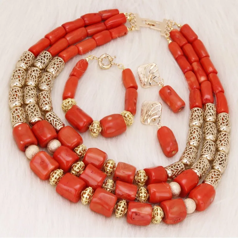 Свадебный комплект из коралловых бусин Dudo Store набор 3 рядов кораллового цвета для