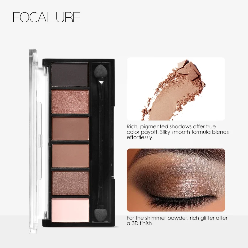 FOCALLURE 6 Colors Eyeshadow Palette Glamorous Smokey Shimmer Makeup Kit professional Eye makeup |