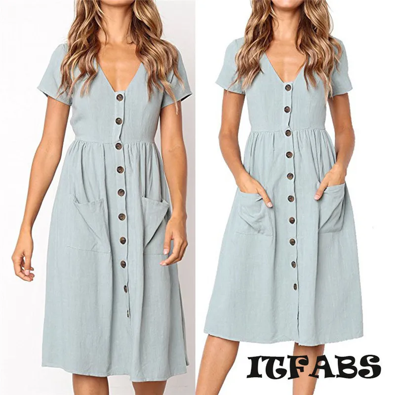 Frauen Urlaub Taste Tasche Kleider Mode Damen Sommer Strand Minikleider Schaukel Kurzarm Reine Farbe Kleid Weibliche Vestidos|Женские платья| |