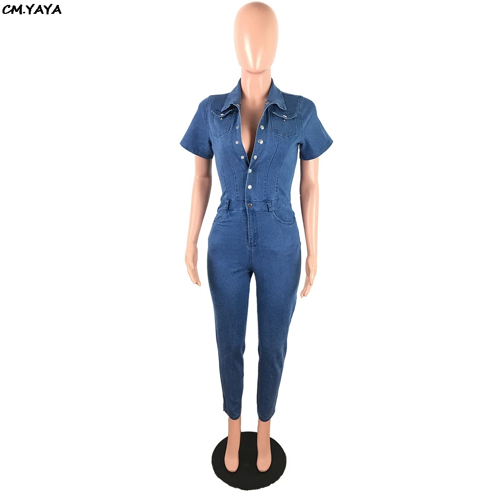 2019 women new summer vintage denim short sleeve button up jumpsuit fashion classic jeans romper playsuit GLJLX9707 | Женская одежда
