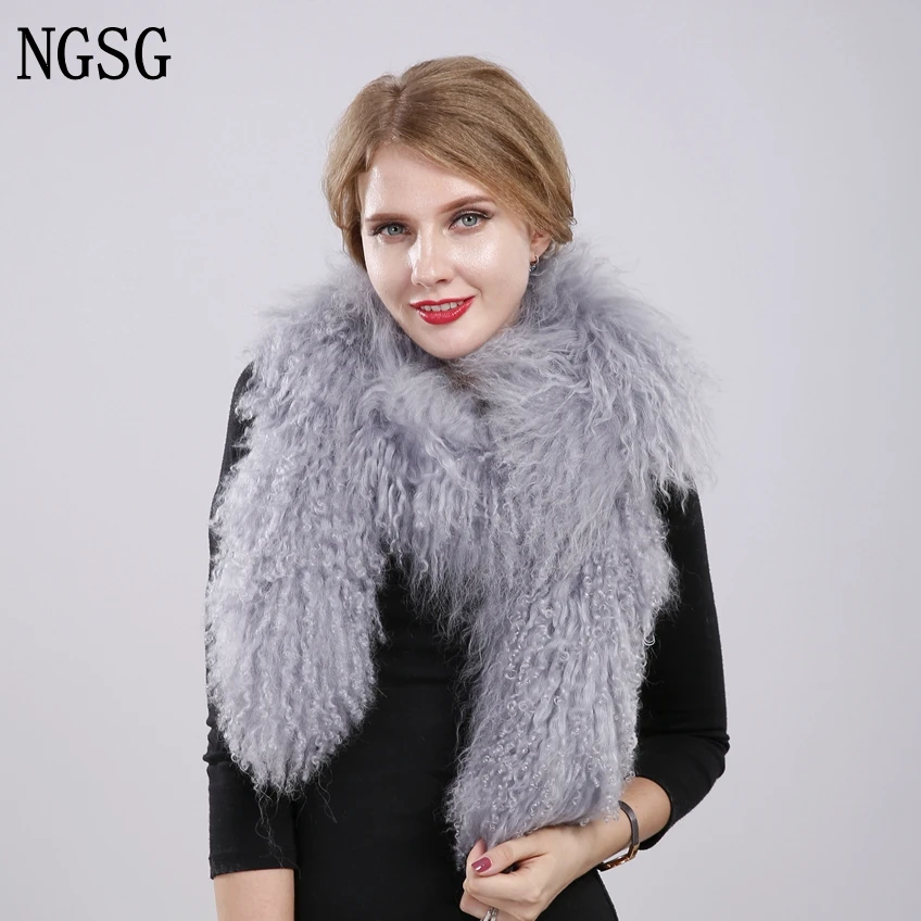 

NGSG Fur Scarf Lady Black Gray Mongolian Sheep Scarves 160 CM Women Soft Brown Wool Curl Tibet Lamb Fur Collar 80 CM Wholesale