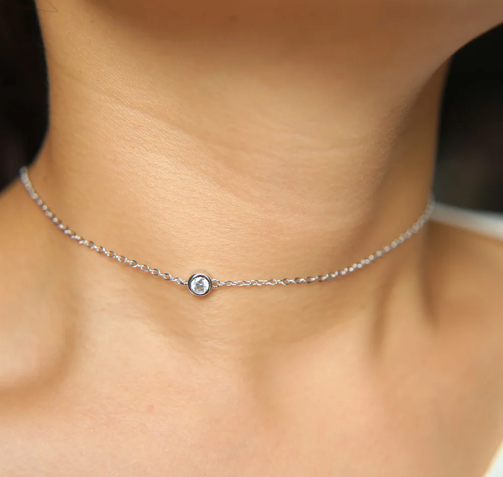 

simple design 33+7cm chain choker single CZ 4mm AAA+ BLING CUBIC ZIRCONIA delicate chocker necklace