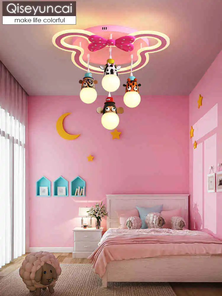 

Qiseyuncai Modern children's room pink cartoon led ceiling lamp creative kindergarten cartoon animal bear princess room lamp