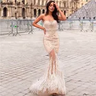 Золотое сексуальное вечернее платье без бретелек с перьями русалки, модное вечернее платье из тюля со стразами и бисером, 2021 Serene Hill LA6588