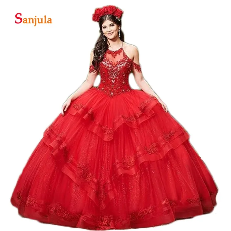 Красное бальное платье из тюля платья для Quinceanera 2020 юбка с лямкой на шее и