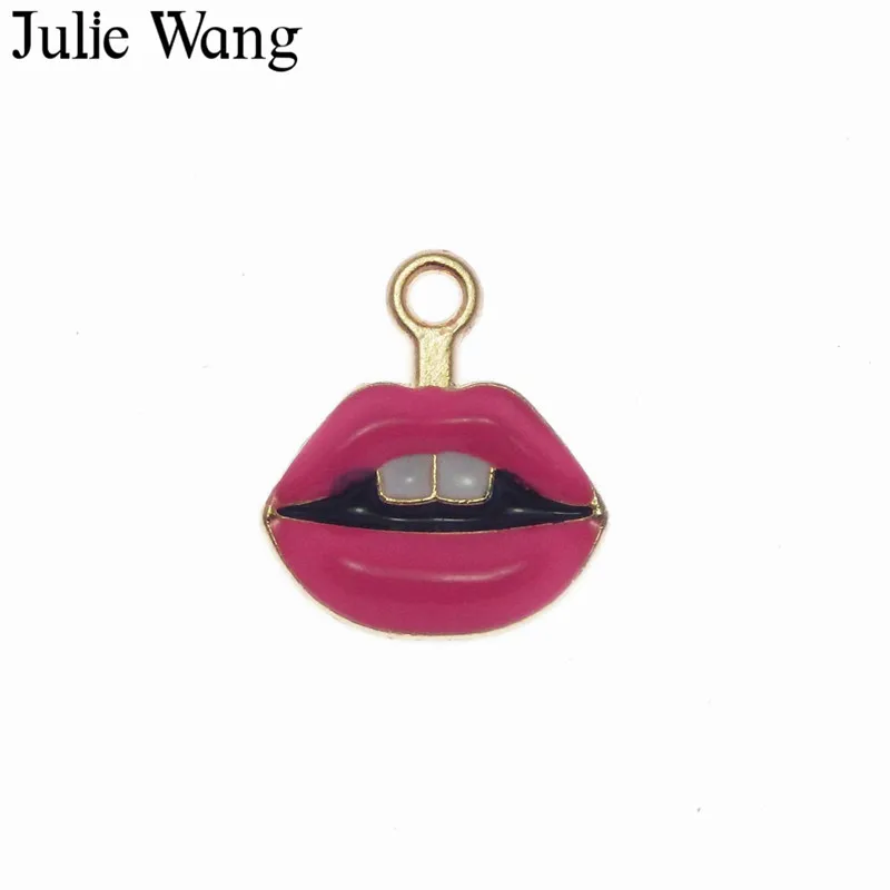 Julie Wang 6 шт. сплав Золотая основа розово красная/Красная эмаль губы Подвески зубы