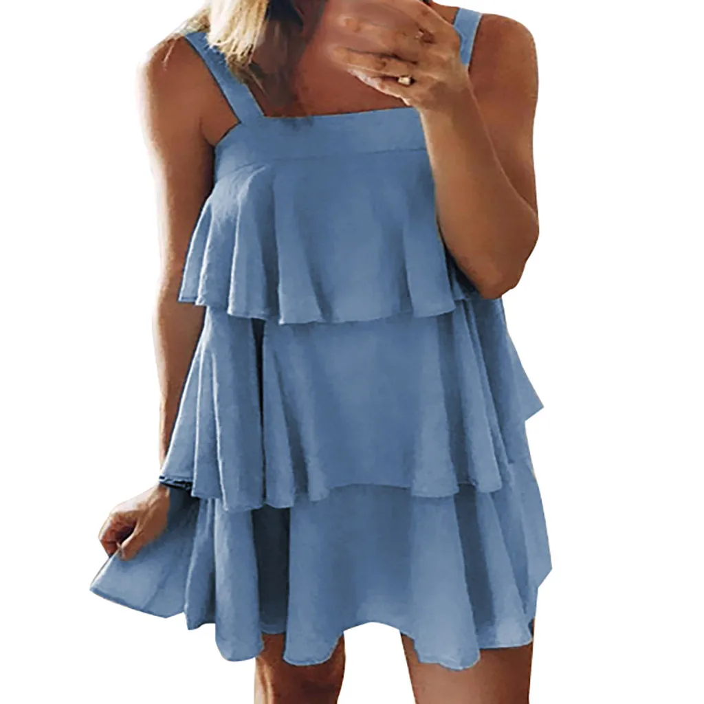 Женское летнее платье без рукавов однотонное с оборками сексуальное бахромой в