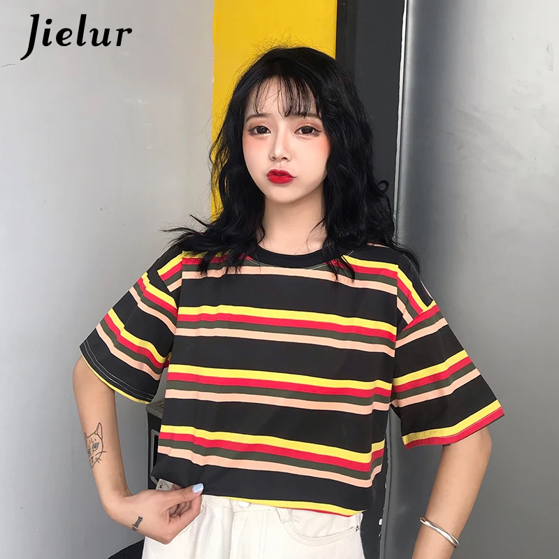 Jielur полосатая футболка Для женщин 2019 летнее платье в Корейском стиле для девочек