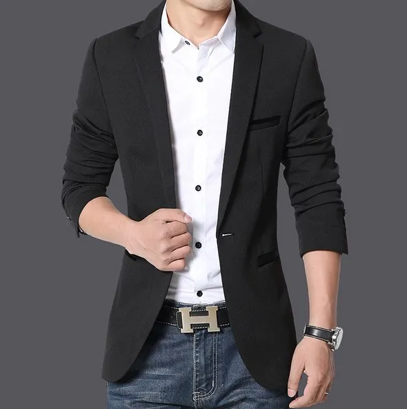 Мужские корейской Slim Fit Модный хлопковый Блейзер пиджак черного и синего цвета