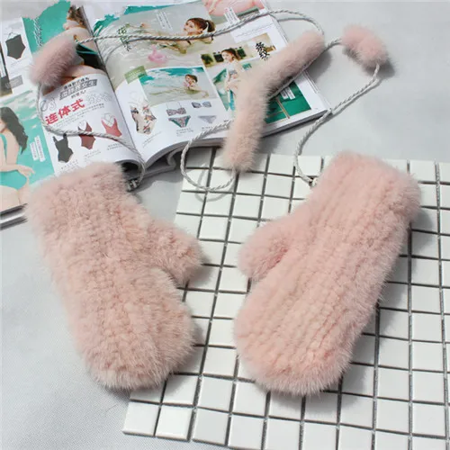 Light pink Зимние женские норковые перчатки из натурального меха норки перчатки Модные Милые варежки толстые теплые вязаные перчатки из натурального меха варежки - Цвет: Light pink