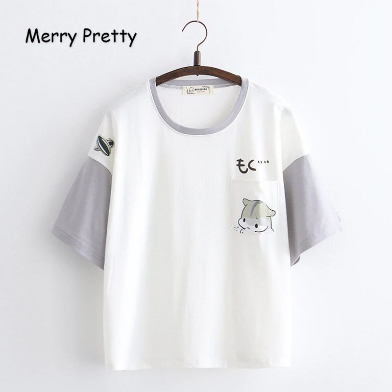 Merry Pretty женские Мультяшные лоскутные футболки Harajuku Стильная хлопковая футболка с коротким рукавом и круглым вырезом летние свободные топы футболки