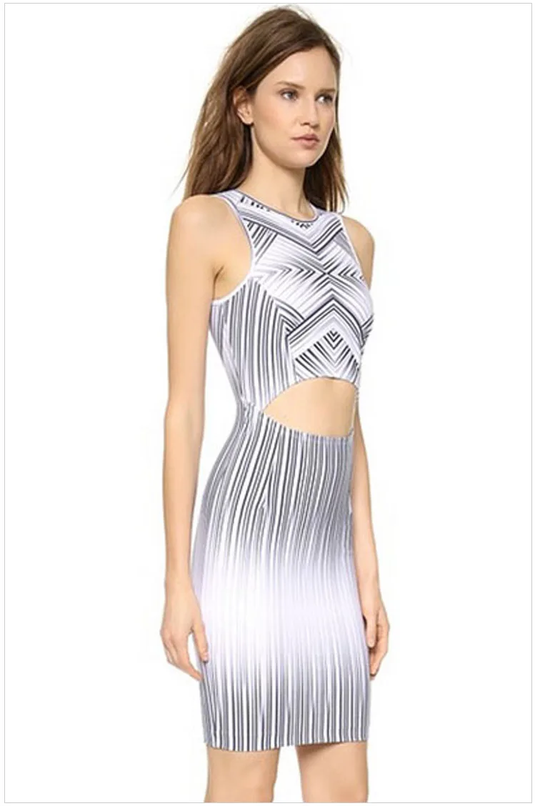 Woman White Sleeveless O-Neck Sexy Cutout Maze Striped Print Dress HL22045 | Женская одежда
