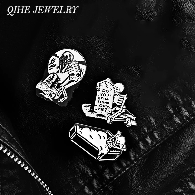 QIHE JEWELRY Tombstone Coffin Crying Skelelton Pins Brooches Lapel pins Badges Punk Halloween Skeleton Jewelry | Украшения и