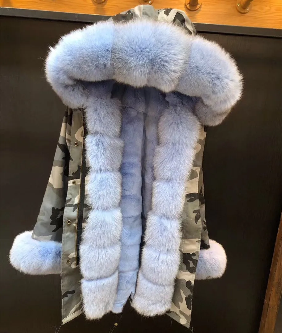 

Winter Jacket Women Camouflage Long Parka Winter Thick Warm Natural Rex Rabbit Fur Liner Parka Women Real Fox Fur Jackets