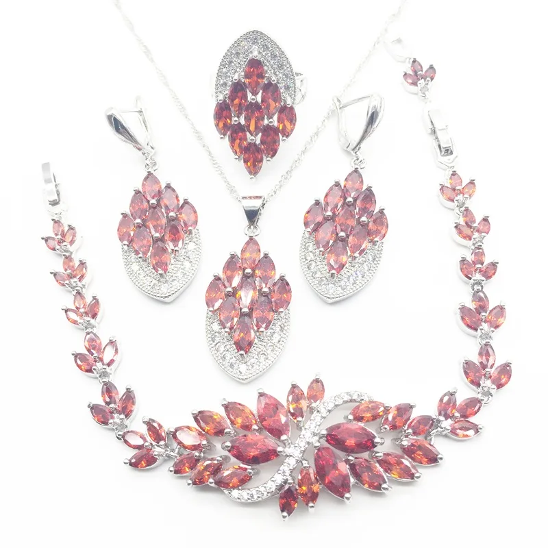 Silver 925 Jewelry Sets Red Cubic Zirconia White CZ Beads For Women Earrings/Pendant/Ring/Bracelet/Necklace Set T0009-1 | Украшения и