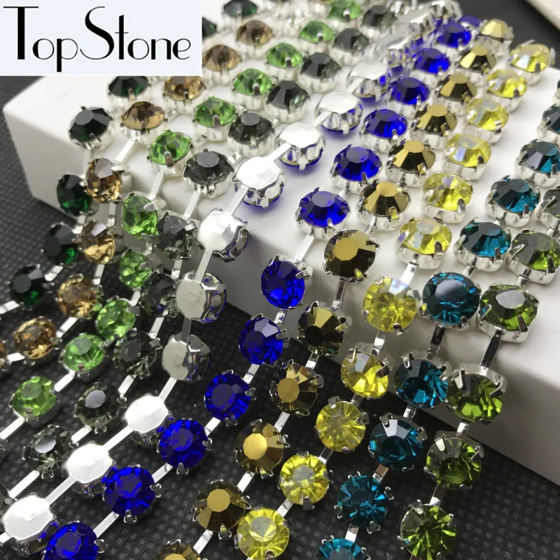 Стразы AB TopStone круглая цепочка с кристаллом серебряная основа 28ss 38ss 45ss стеклянные