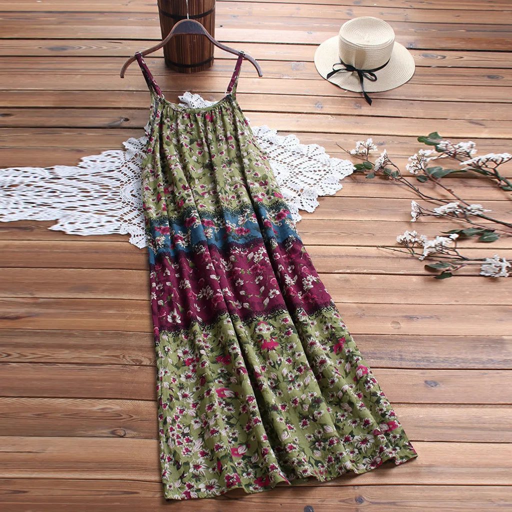 

Women Dress Summer Casual Style Fashion Summer Casual Sleeveless Off Vintage Bohemian Print Floral Sleeveless O-Neck Z0503